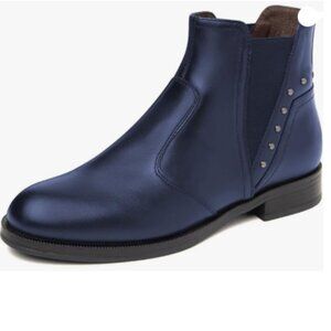 XYD Navy Round Toe Ankle Boots Side Elastic Band Flat Low Heel Booties with Stud